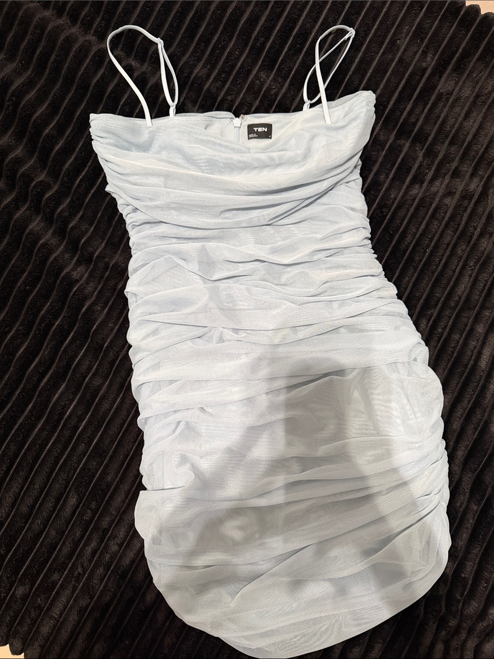 TEN Sheer Ruched Spaghetti Strap Mini Dress in Light Blue